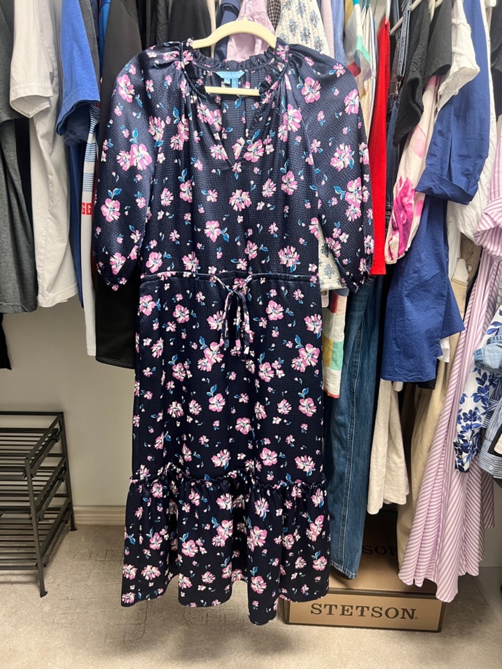 Women's Navy Floral Tie-Waist Dress - Pink Blossoms Midi Length